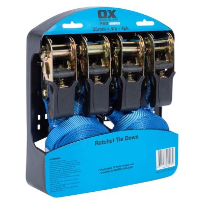 OX Ratchet Tie down 4 Pak - 25mm x 4m 500kg