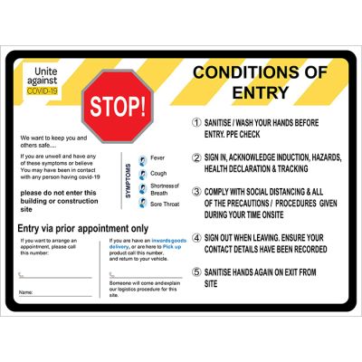 COVID-19 Conditions of Site Entry Board